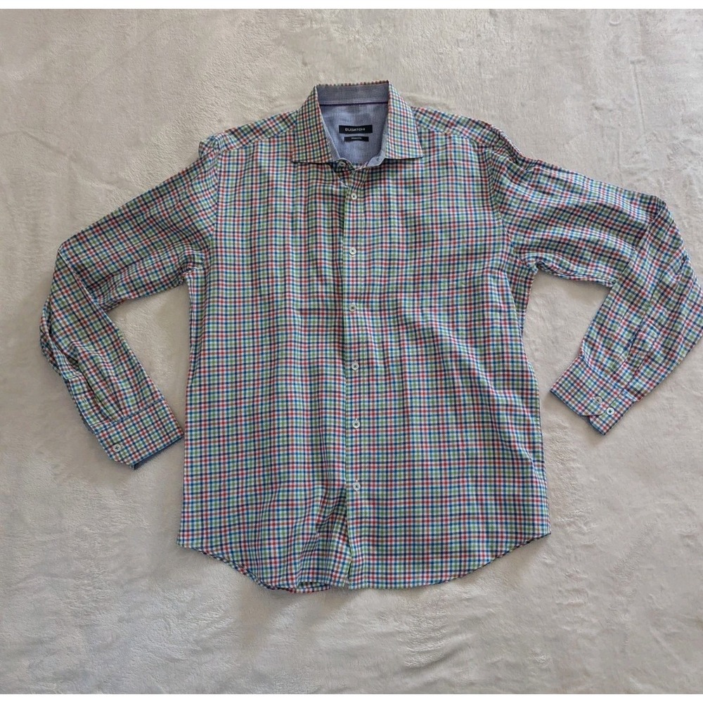 Bugatchi Button Down Shirt Multicolor Check Shaped Fit Sz L Business Casual